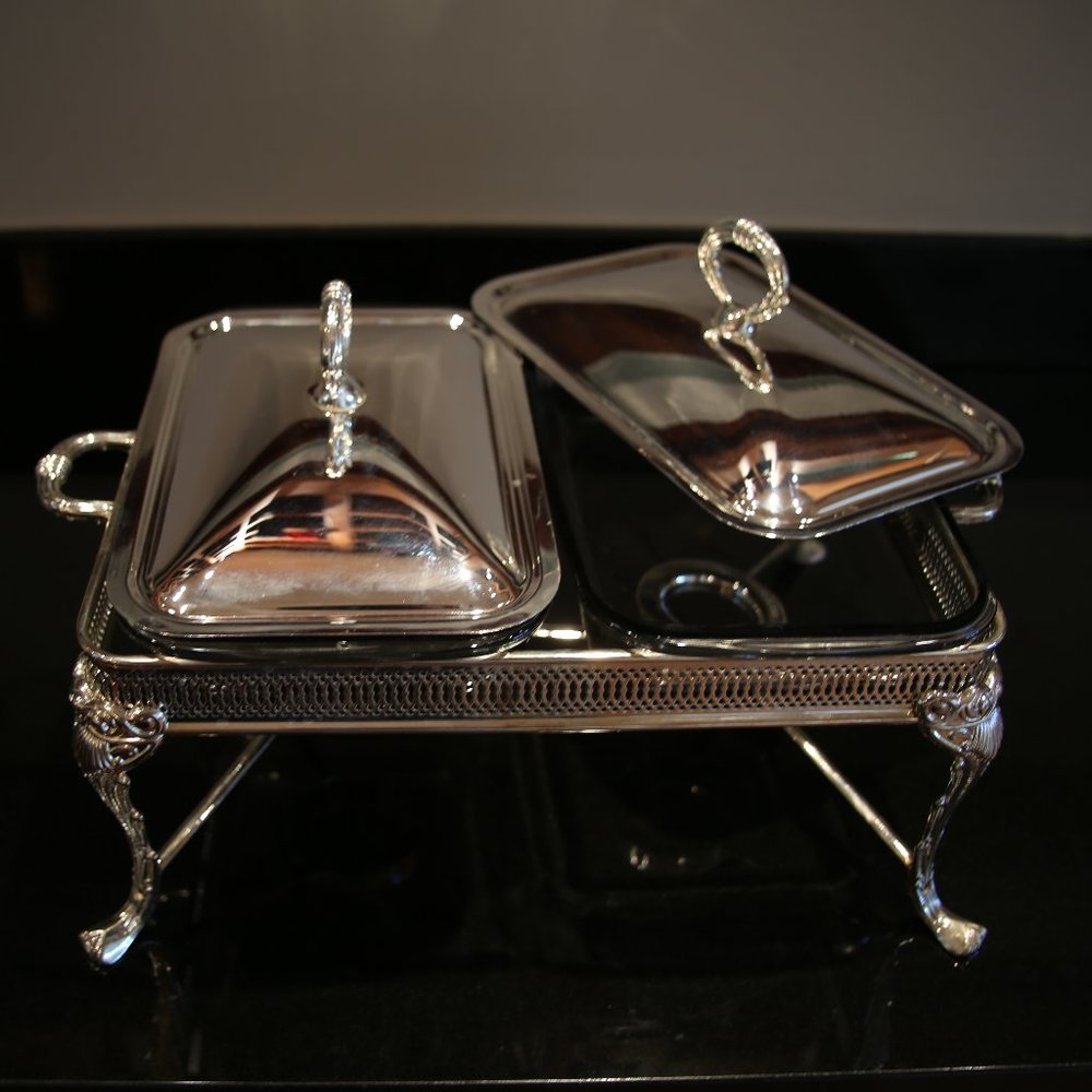 Vintage Marinex Double Chafing Buffet Serving Dish; Silver Plated;